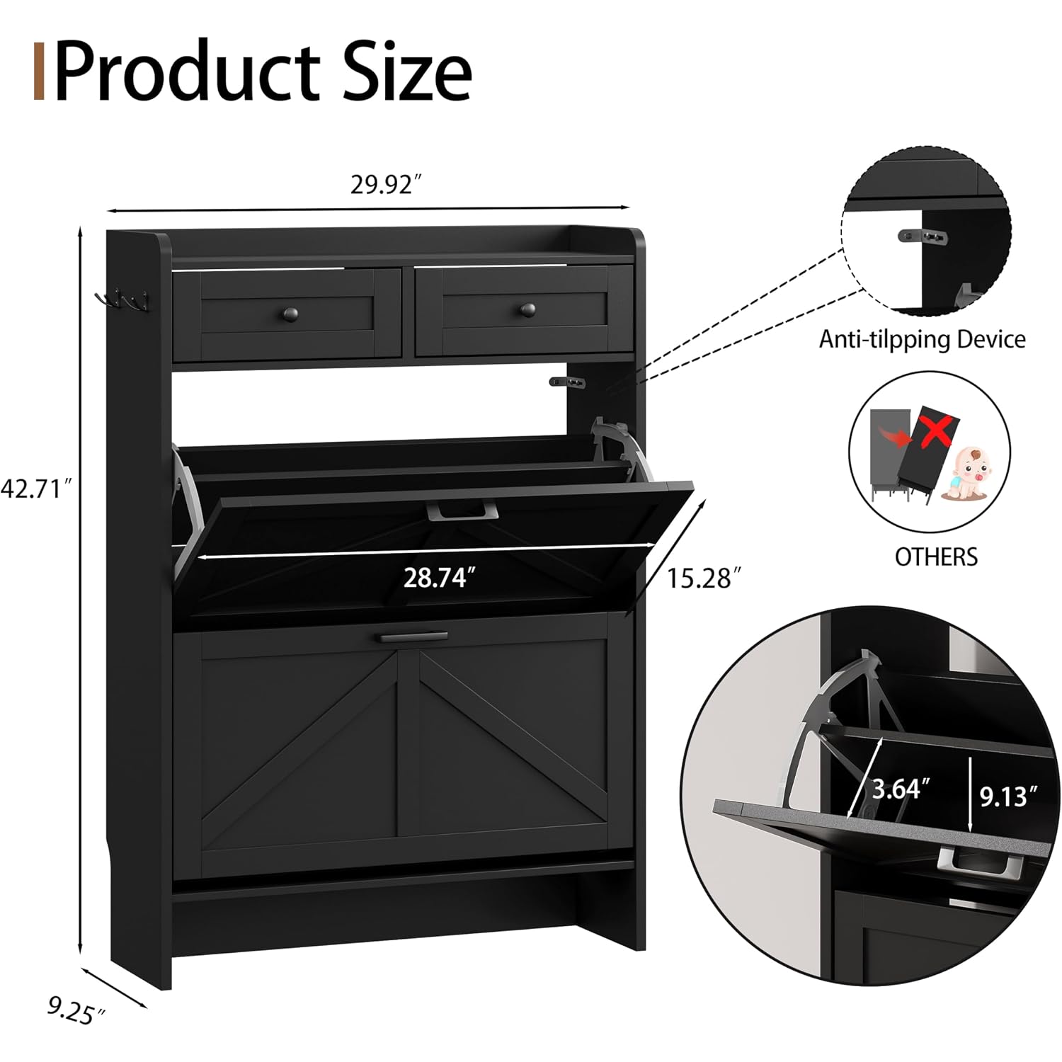 Shoe Cabinet With 2 Flip Drawers & 2 Top Drawers, 43" Tall Freestanding Narrow Wooden Shoe Storage Organizer For Entryway, Hidden Slim Shoe Rack For Front Door Entrance, Hallway, Living Room, Black