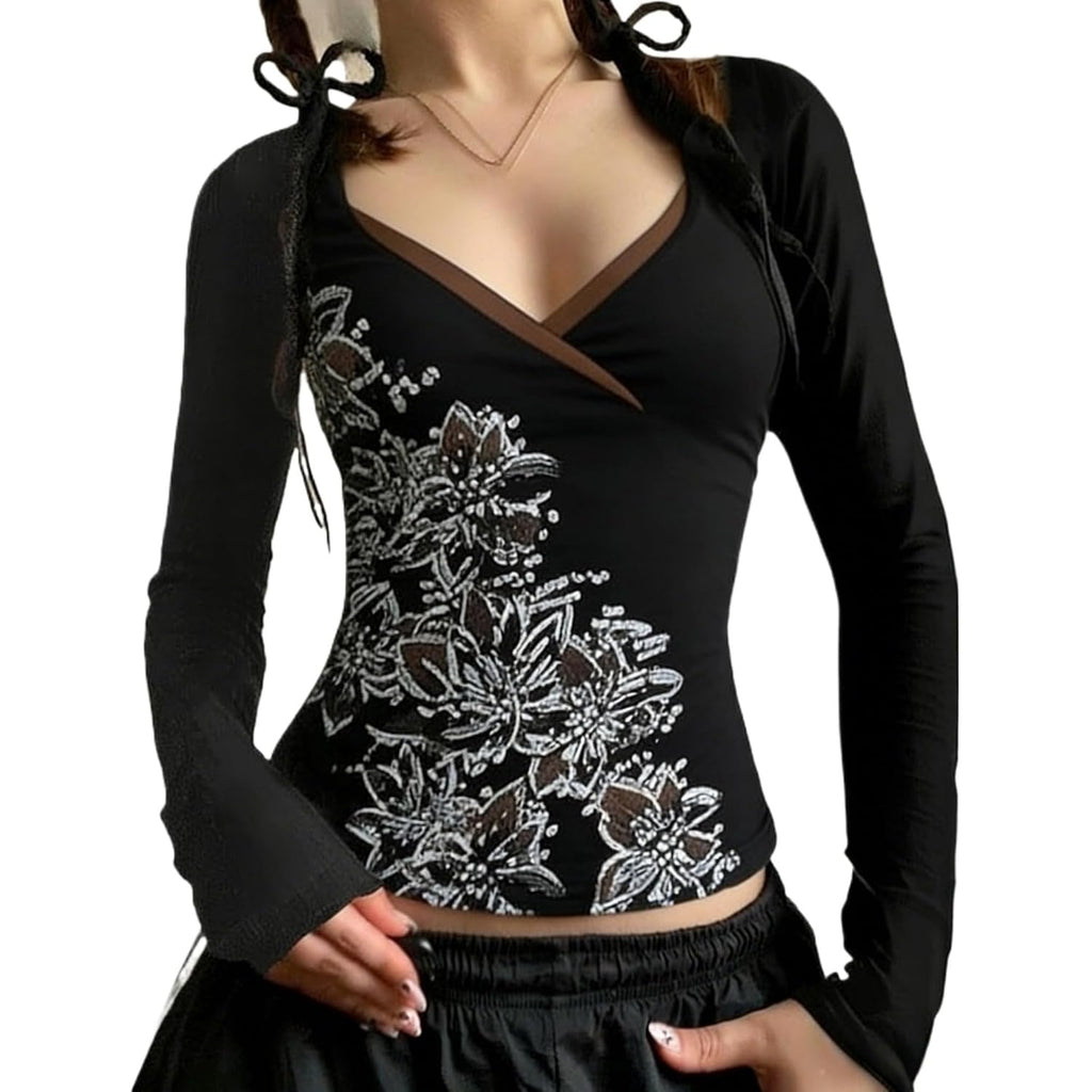 Y2k V Neck Floral Tops Women Fairy Grunge Vintage Long Sleeve Top 2000s Emo Graphic Cute Teen Girls Clothe Black