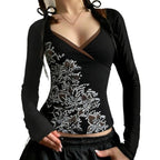Y2k V Neck Floral Tops Women Fairy Grunge Vintage Long Sleeve Top 2000s Emo Graphic Cute Teen Girls Clothe Black