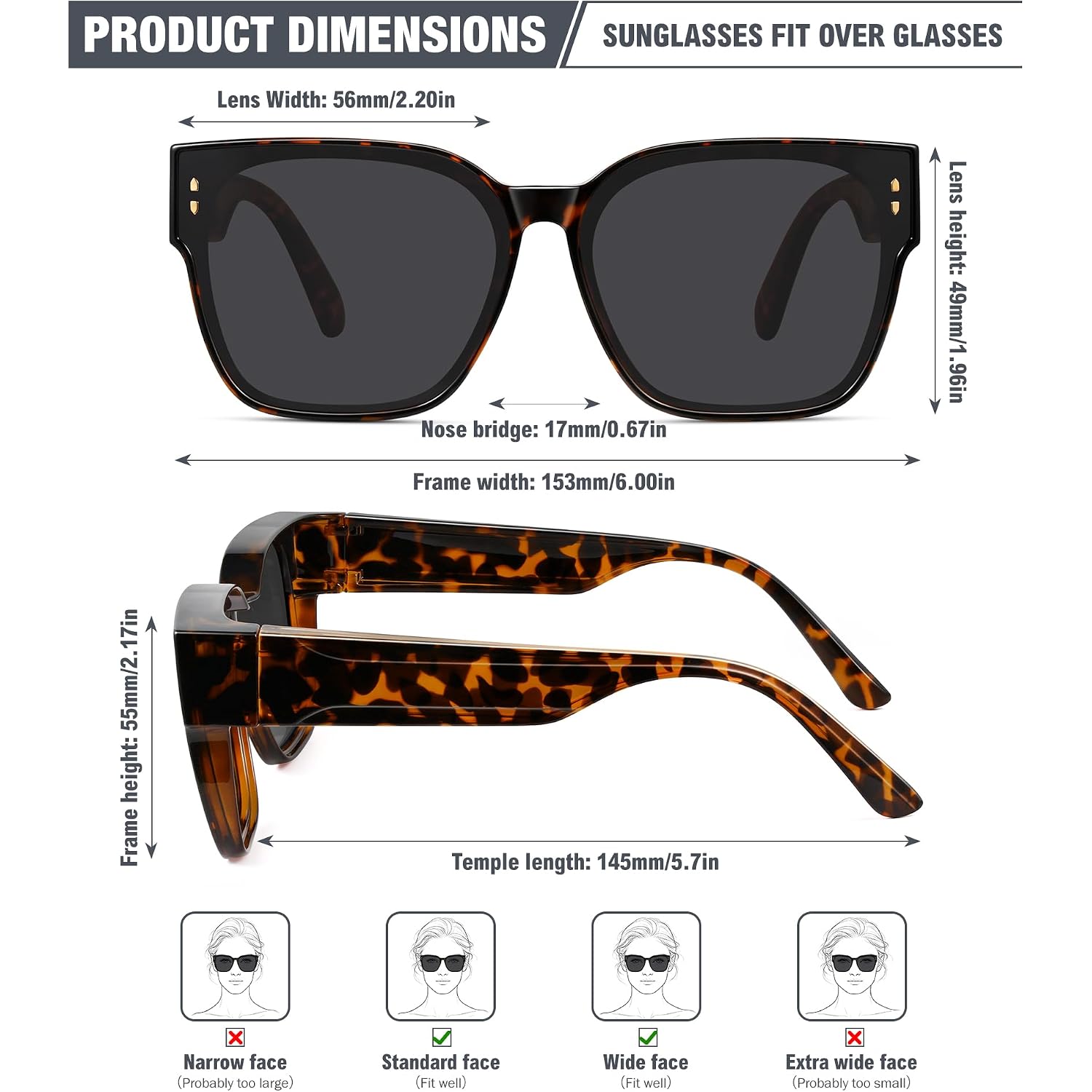 Oversized Fit Over Glasses Polarized Sunglasses for Women,Trendy Square Cover Shades for Driving Brown Tortoise Frame/Gray Lens