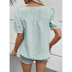 Evaless Tops For Women Short Sleeve Tunic Blouse Square Neck Gingham Tops Cotton Blend Plaid Shirt Cute Checkered Shirt