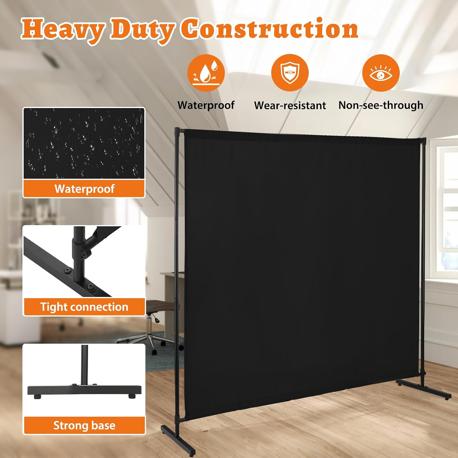 Room Divider Single Panel, 71''W X 71''H Height Adjustable Large Room Divider Panel For Office, Fabric Portable Privacy Screen Wall Divider For Room Separation, Black Freestanding Partition Separators
