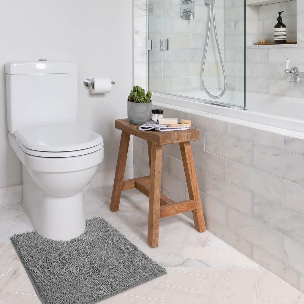 LuxUrux Toilet Rugs U Shaped Washable, Bathroom Toilet Mat, Extra-Soft Plush Bath Bathroom Rug,1'' Chenille Microfiber Material, Super Absorbent Shaggy Machine Wash & Dry (20 x 20 inch, Light Grey)