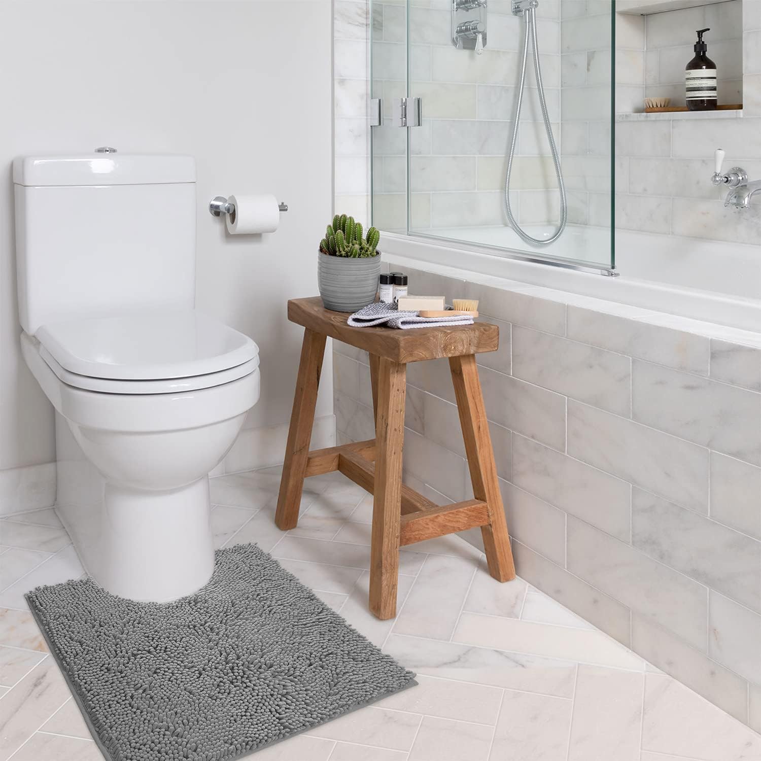 LuxUrux Toilet Rugs U Shaped Washable, Bathroom Toilet Mat, Extra-Soft Plush Bath Bathroom Rug,1'' Chenille Microfiber Material, Super Absorbent Shaggy Machine Wash & Dry (20 x 20 inch, Light Grey)