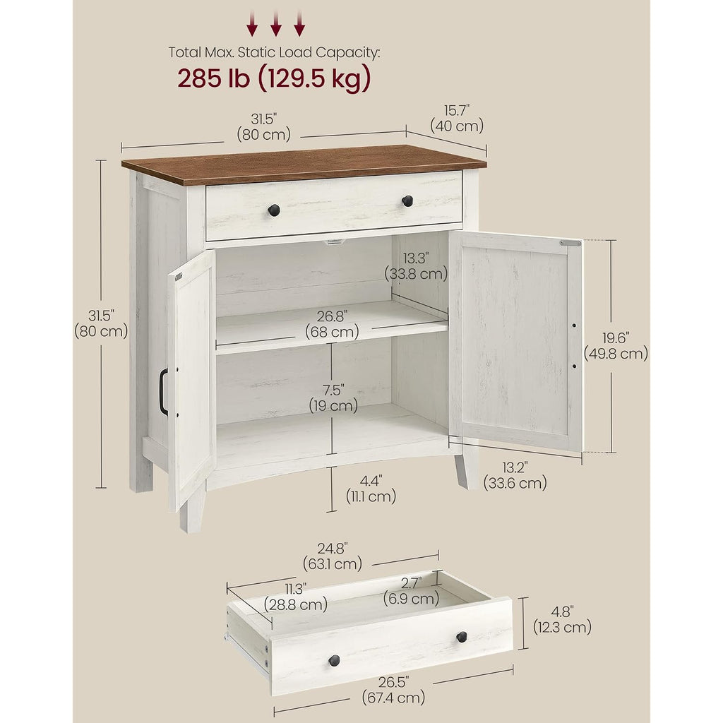 Vasagle Liry Collection - Buffet Cabinet, Coffee Bar Cabinet With A Drawer, Adjustable Shelf, Sideboard Storage With Cable Hole, Drawer Divider, Rustic White And Honey Brown Ubbk341W01V1S