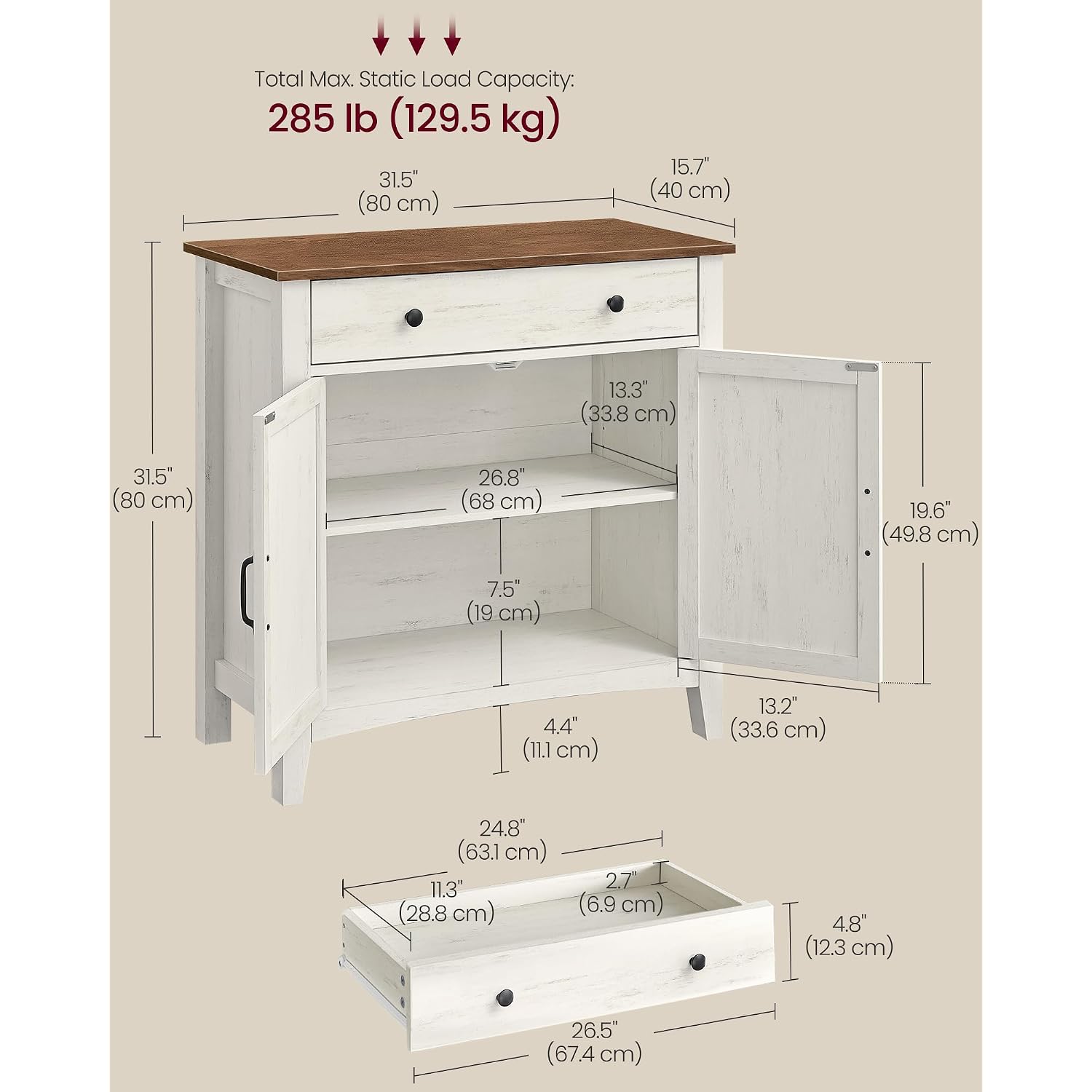 Vasagle Liry Collection - Buffet Cabinet, Coffee Bar Cabinet With A Drawer, Adjustable Shelf, Sideboard Storage With Cable Hole, Drawer Divider, Rustic White And Honey Brown Ubbk341W01V1S