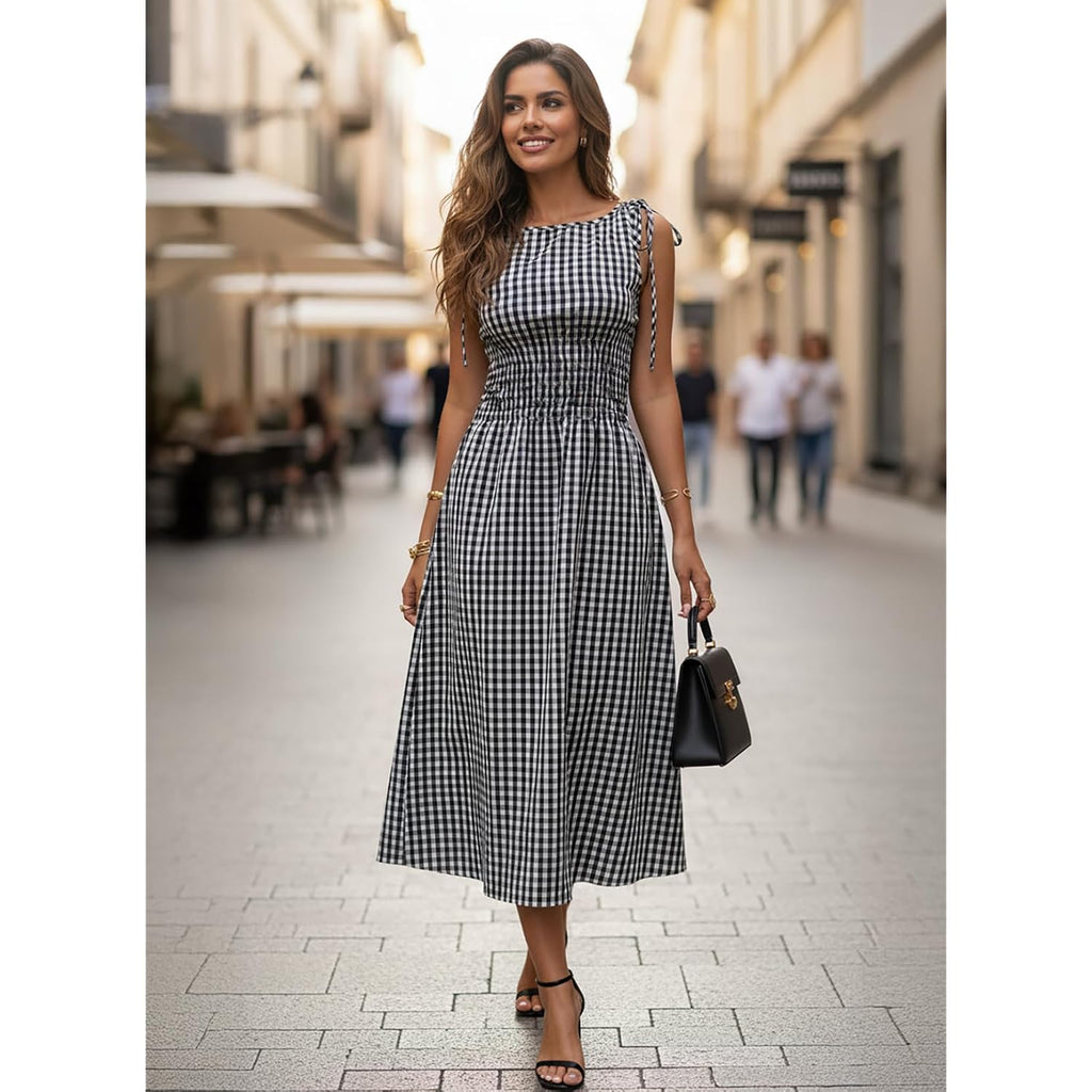 Acelitt Summer Maxi Dresses For Women 2026 Smocked Waist Gingham Dress Flowy A Line Beach Long Sundresses With Pockets