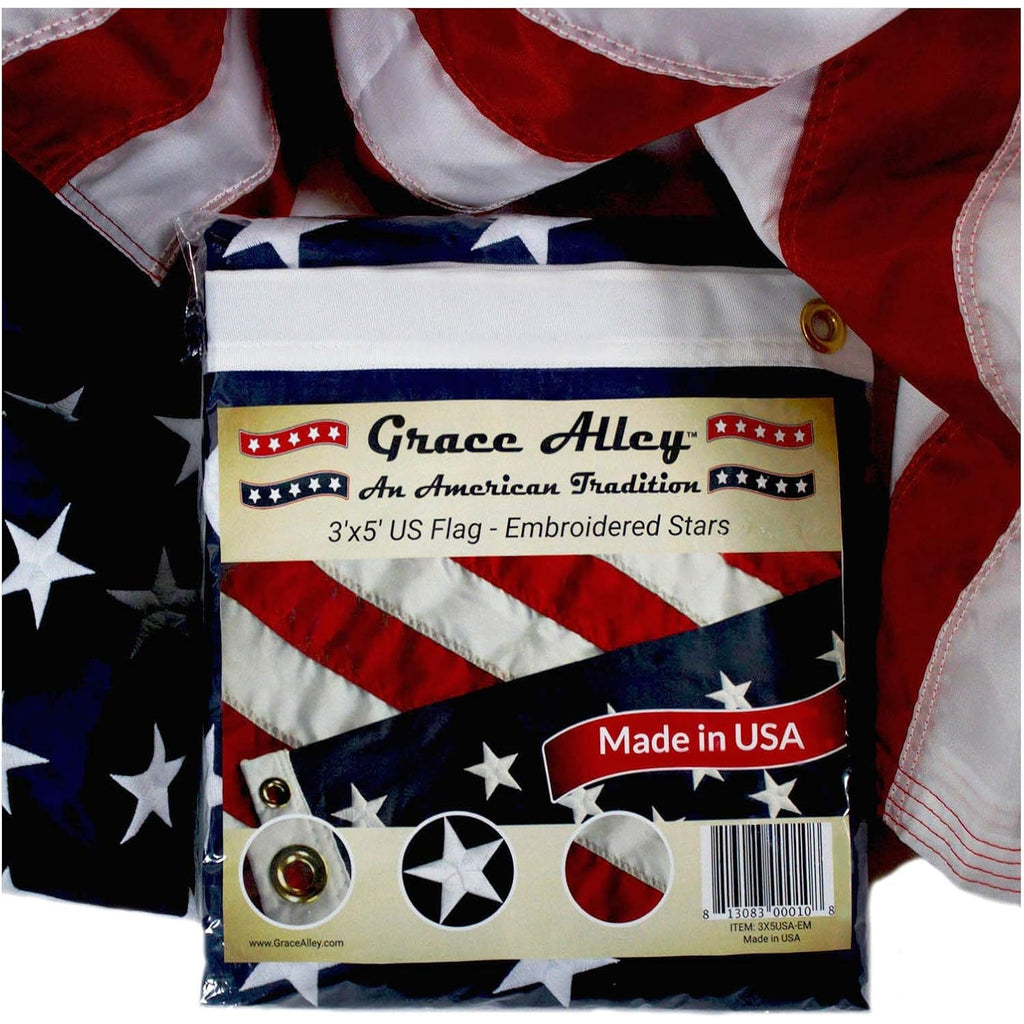 Grace Alley American Flag: 3X5 Ft Us Flag - 100% Made In Usa. Embroidered Stars, Sewn Stripes And Brass Grommets. Fade Resistant, Heavy Duty, Long Lasting Nylon For Outdoor Durability.