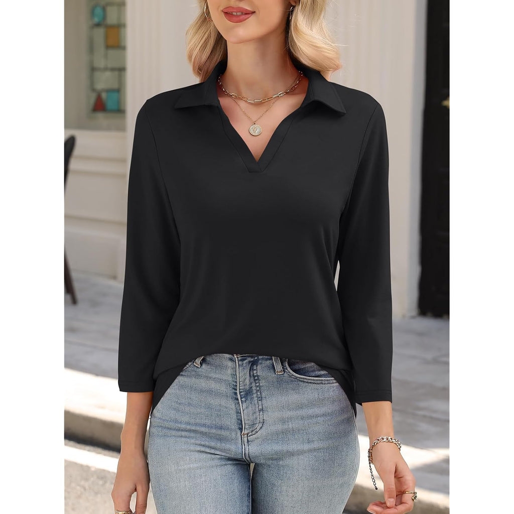Ticticmiss Womens V Neck Polo Shirts 3/4 Sleeve Collared Tops Business Casual Summer Tops Trendy Loose