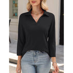 Ticticmiss Womens V Neck Polo Shirts 3/4 Sleeve Collared Tops Business Casual Summer Tops Trendy Loose