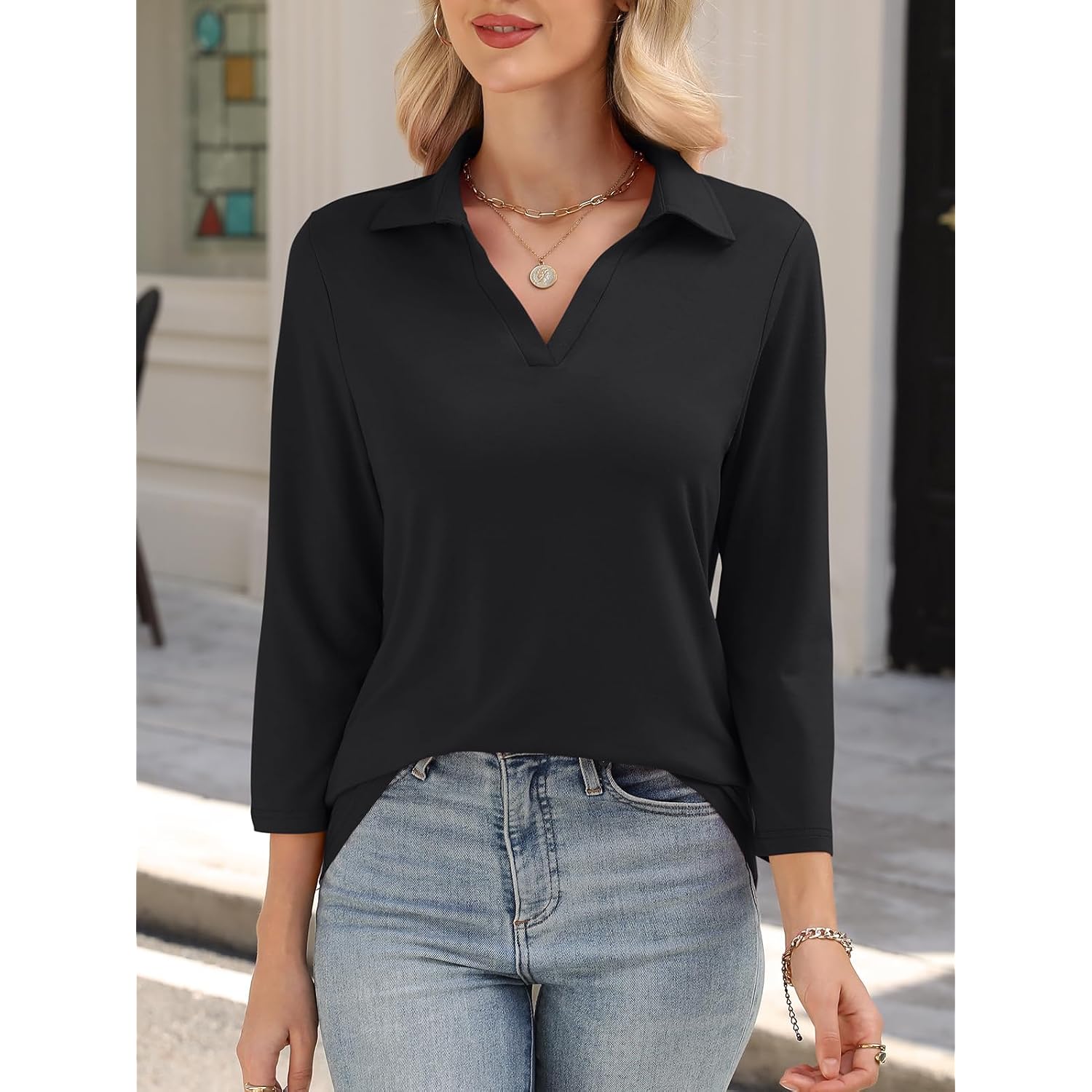 Ticticmiss Womens V Neck Polo Shirts 3/4 Sleeve Collared Tops Business Casual Summer Tops Trendy Loose