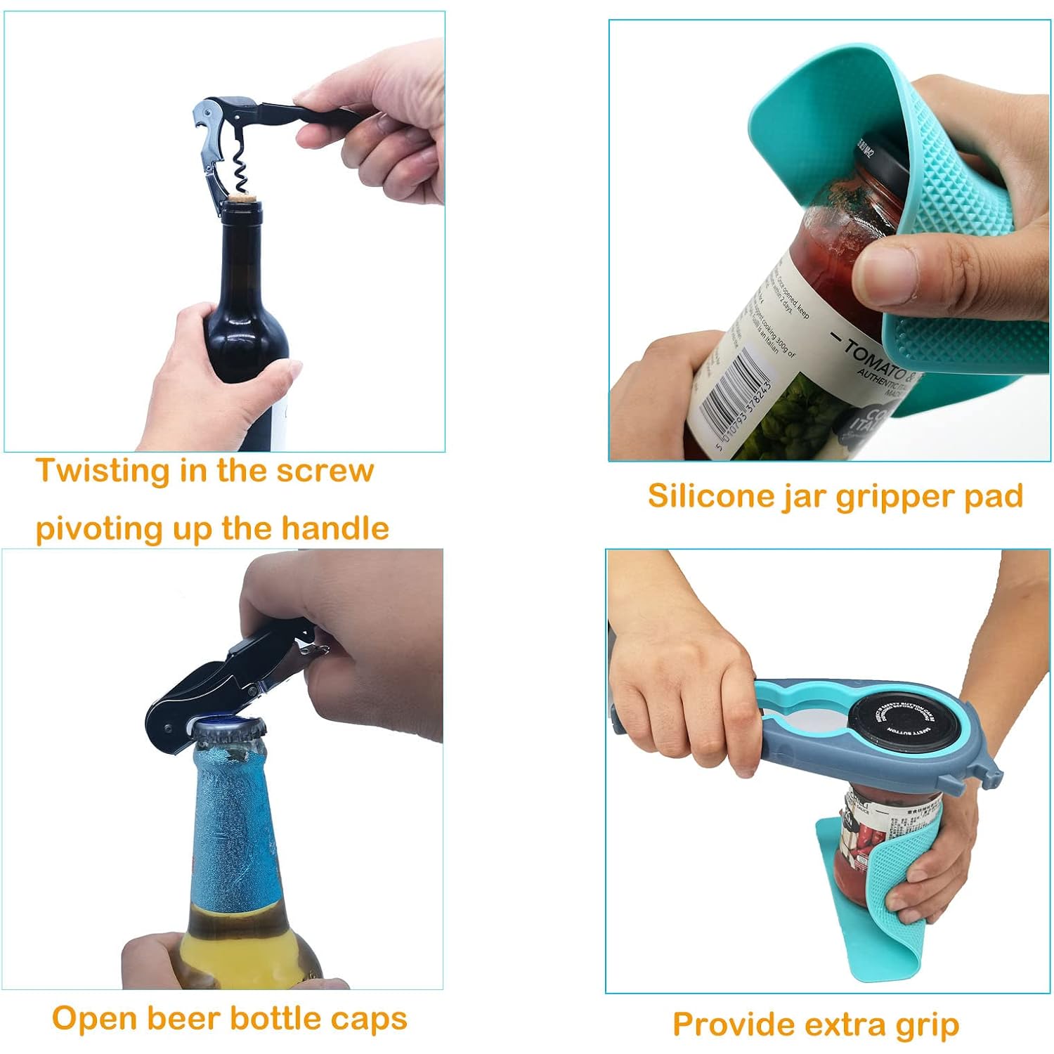 Otstar 6 In 1 Jar And Bottle Opener For Weak Hands, Seniors With Arthritis | Multi-Use Lid Opener Set, Includes Non-Slip Rubber Gripper Pad & Wine Opener, Comfortable Grip, Simple Twist-Off Operation
