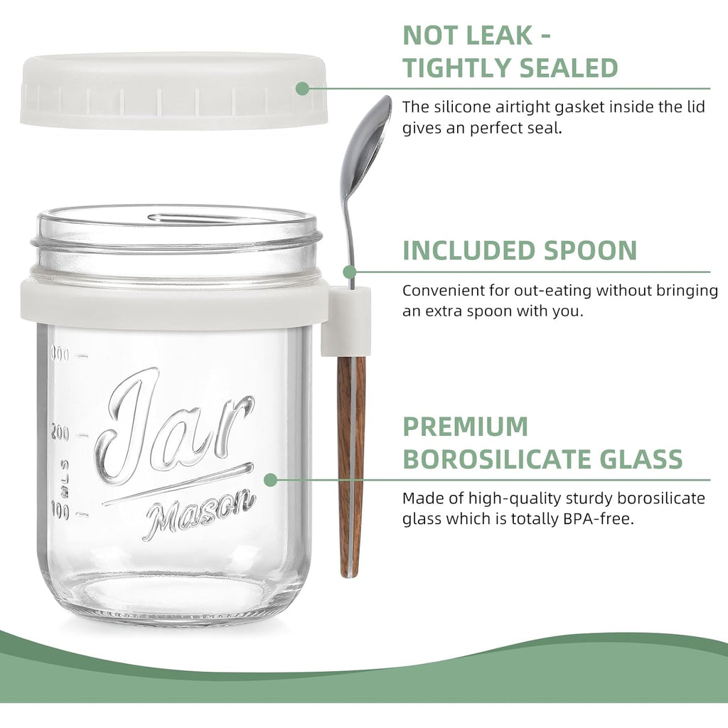 4 Pack Overnight Oats Containers with Lids and Spoons, 16 oz Glass Mason Jars with Airtight Lids, Overnight Oats Jars for Milk, Cereal, Fruit