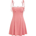 Cider Womens Summer Gingham Dress Plaid Tie Spaghetti Strap Sleeveless Lace Trim Cute A Line Casual Mini Dresses Sundress