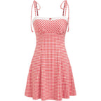 Cider Womens Summer Gingham Dress Plaid Tie Spaghetti Strap Sleeveless Lace Trim Cute A Line Casual Mini Dresses Sundress