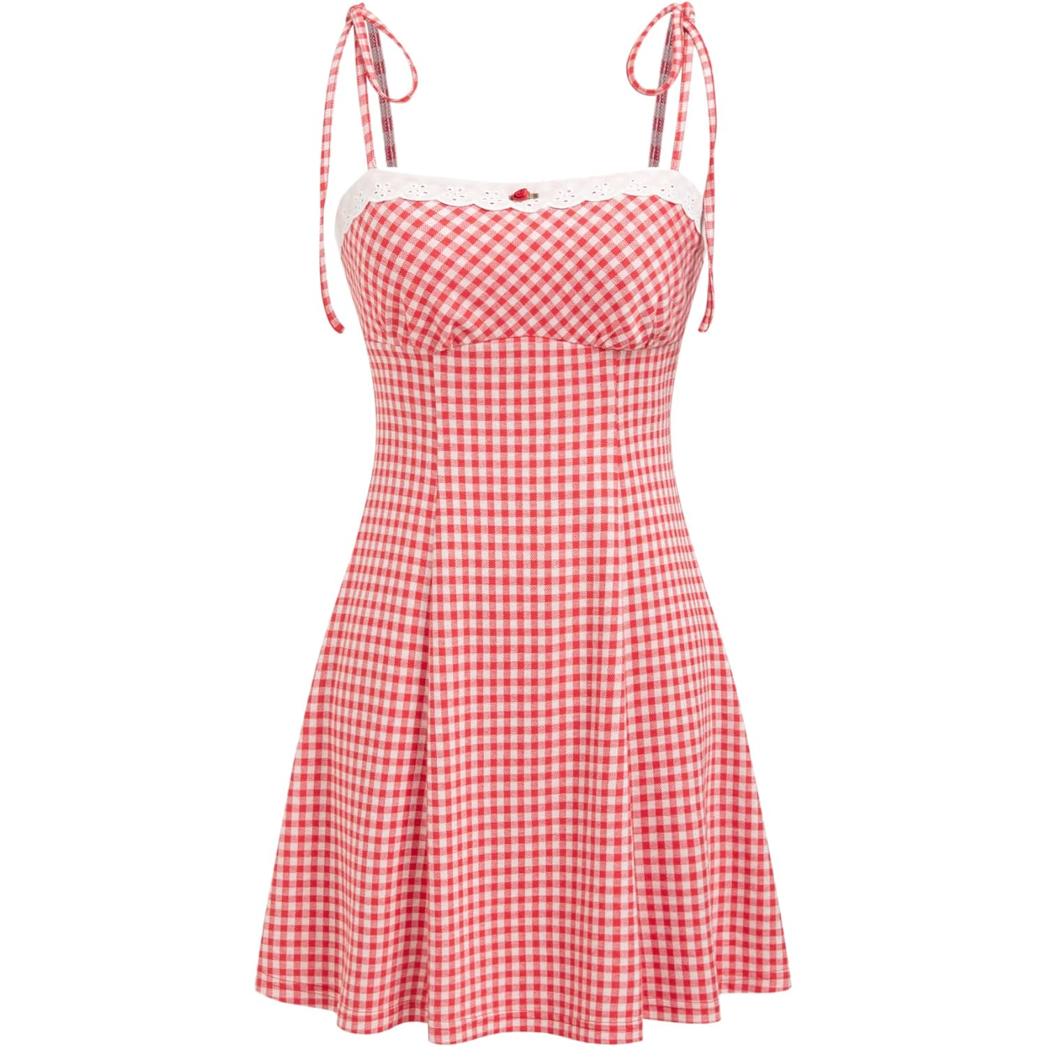 Cider Womens Summer Gingham Dress Plaid Tie Spaghetti Strap Sleeveless Lace Trim Cute A Line Casual Mini Dresses Sundress