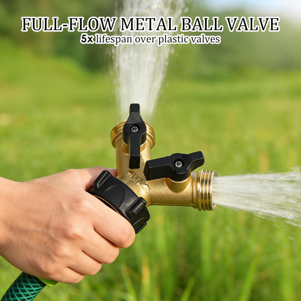 Hourleey Brass Garden Hose Splitter 2 Way, 3/4 Inch Hose Connector Tap Splitter, Hose Y Splitter, Hose Spigot Adapter 2 Valves With Extra Rubber Washers