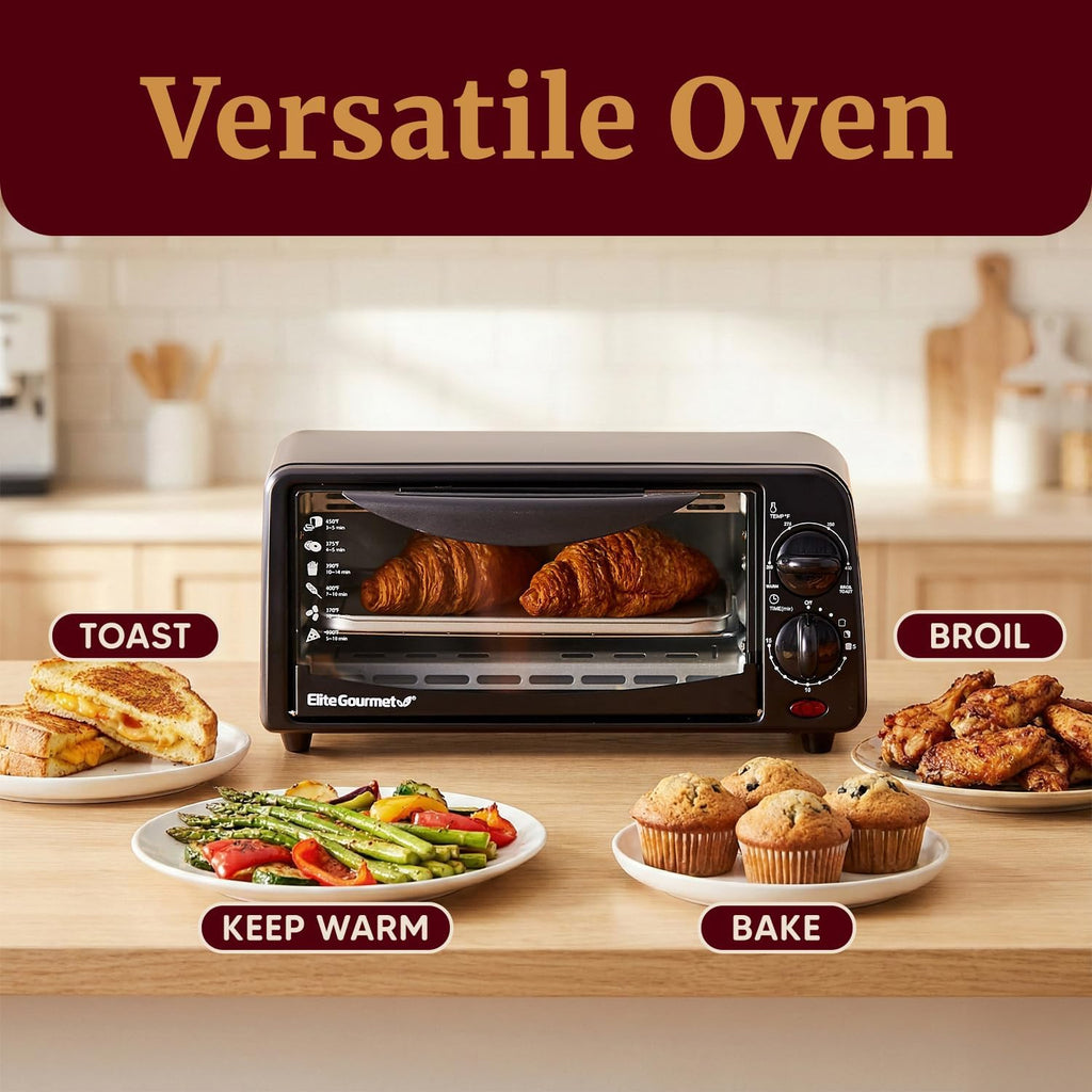 Elite Gourmet ETO236 Personal Compact 2 Slice Countertop Toaster Oven with 15 Minute Timer & Adjustable Temperature, Bake, Broil, & Toast, Black