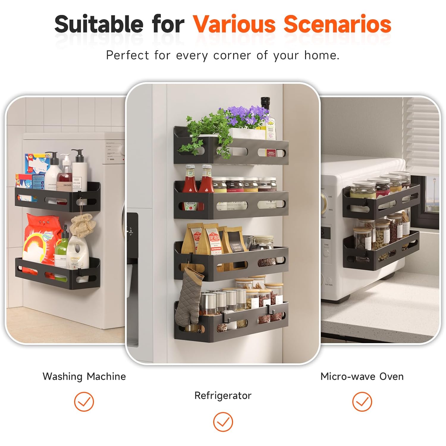 Sevenblue 4 Pack Strong Magnetic Spice Rack for Refrigerator, Multipurpose Magnetic Shelf for Fridge with 4 Hooks for Kitchen and Bathroom Organization, Black