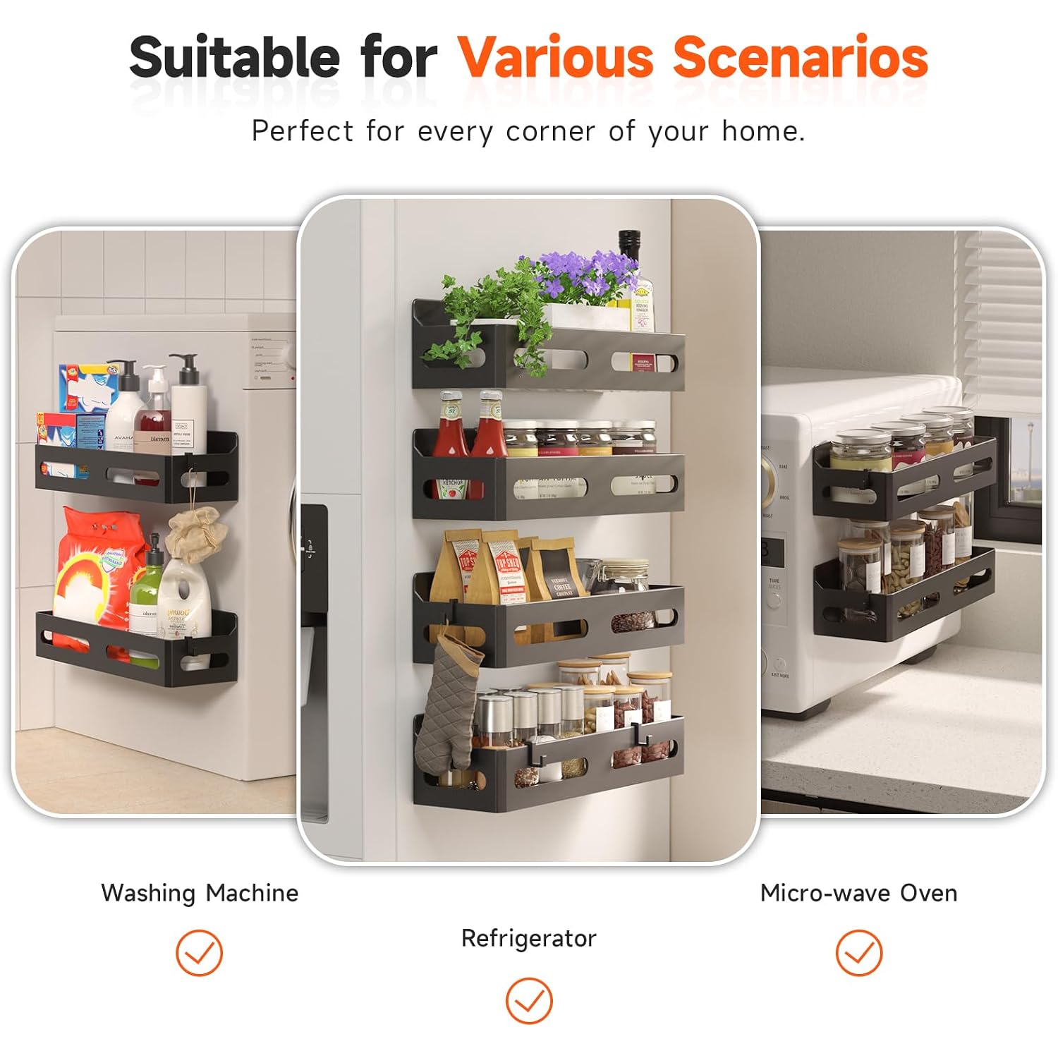4-Pack Magnetic Spice Rack For Refrigerator With Hooks, Black | Strong Multipurpose Magnetic Shelf For Kitchen & Bathroom Organization. Includes 4 Removable Hooks For Hanging Items.