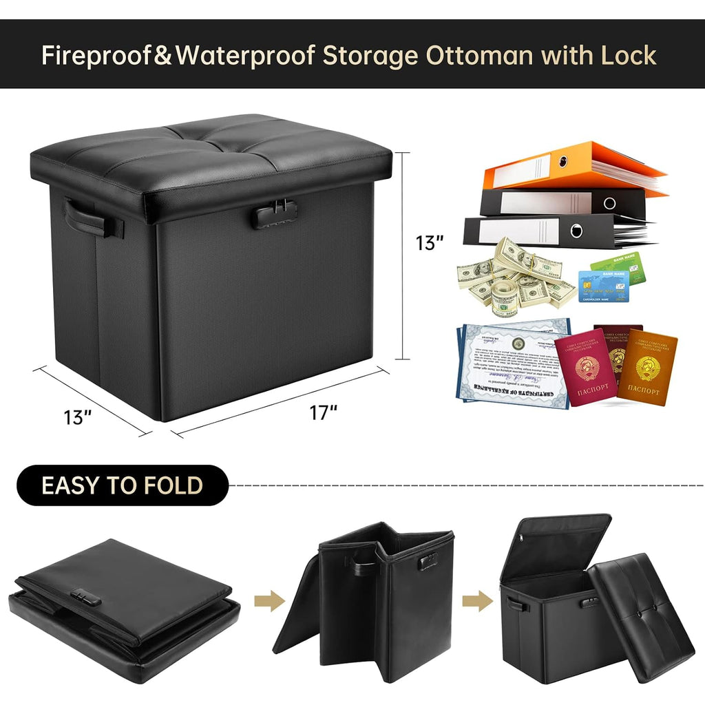 Docsafe Storage Ottoman With Lock,Fireproof Folding Ottoman Foot Rest Stool Storage Chest With Storage Safe For Important Documents,Waterproof 17 Inches Short Ottoman Foot Stool With Handles,Black