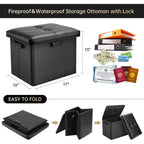 Docsafe Storage Ottoman With Lock,Fireproof Folding Ottoman Foot Rest Stool Storage Chest With Storage Safe For Important Documents,Waterproof 17 Inches Short Ottoman Foot Stool With Handles,Black