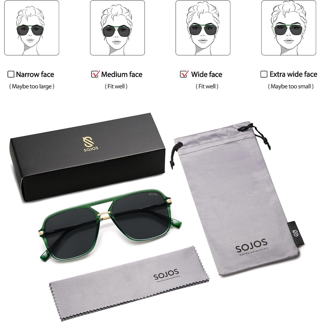 SOJOS Sunglasses for Women & Men, Square, Retro, Polarized Lens, Trendy Aviator, 90s Shades Green/Grey