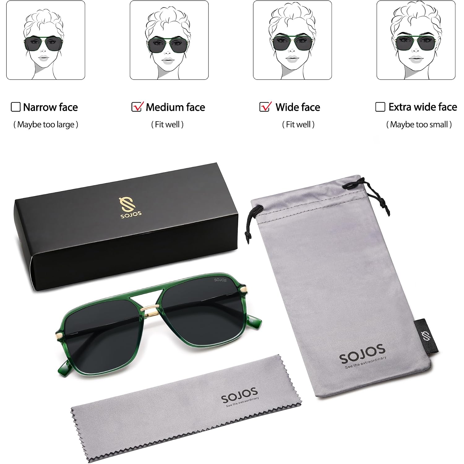 SOJOS Sunglasses for Women & Men, Square, Retro, Polarized Lens, Trendy Aviator, 90s Shades Green/Grey