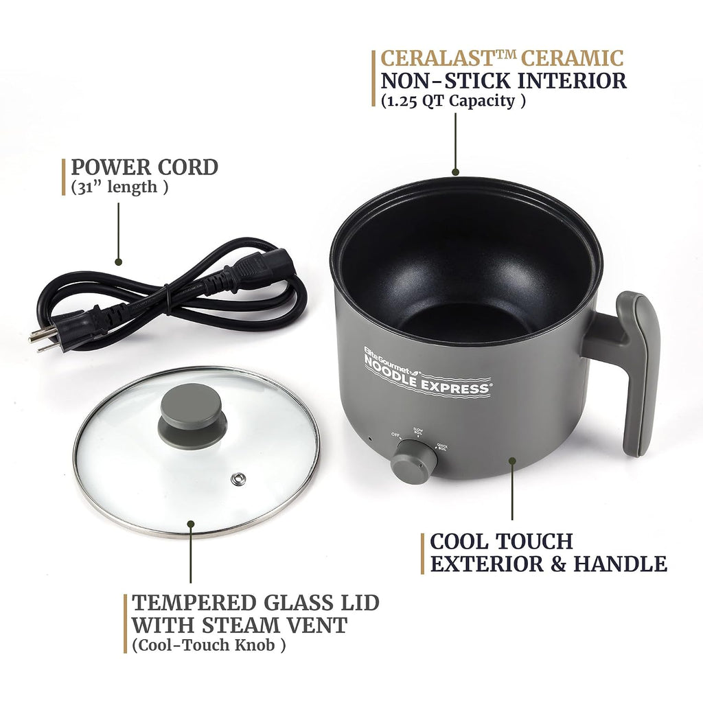 Elite Gourmet Noodle Express Electric Hot Pot, Prepare Noodles, Soups, Stews, Cool-Touch Handle, Ceralast™ Pfas-Free Ceramic Non-Stick, Tempered Glass Lid, 2 Heat Settings-High/Low, Grey