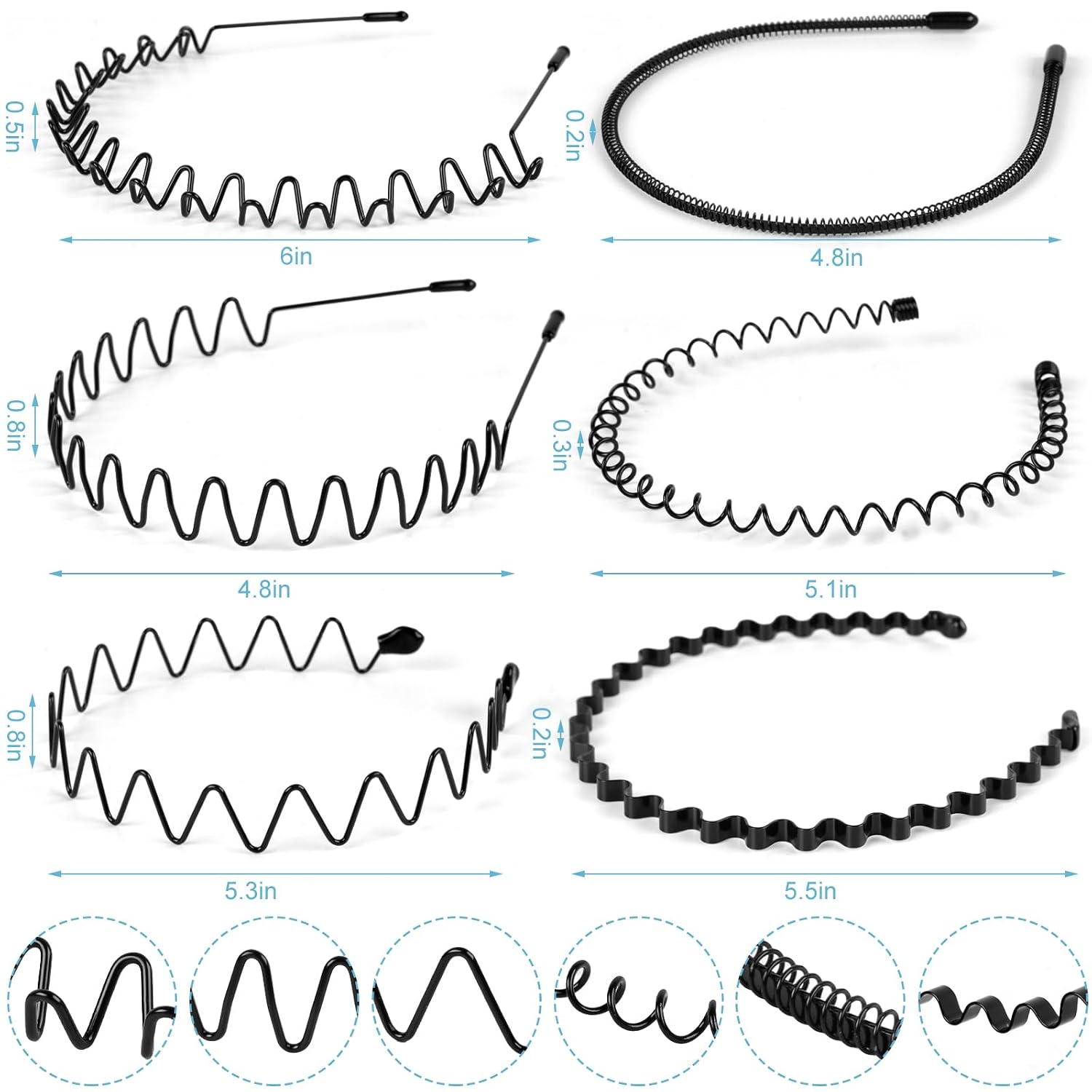 6Pcs Metal Hair Bands, Spring Wavy Hoop Unisex Black Headband Slicked Back Non Slip Sports Hairband For Women Men…