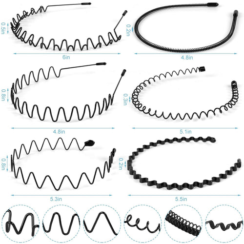 6PCS Metal Hair Bands, Spring Wavy Hoop Unisex Black Headband Slicked Back Non Slip Sports Hairband for Women Men…