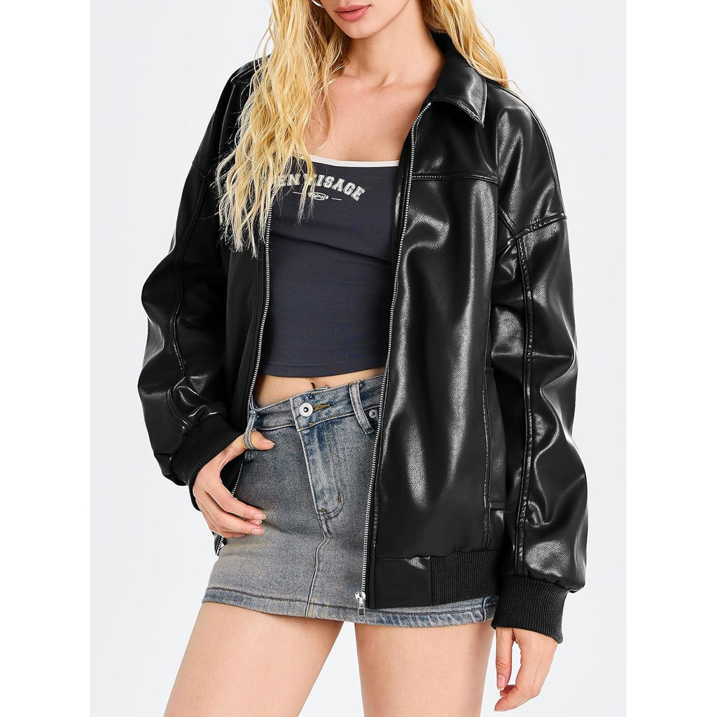 Tankaneo Womens Faux Leather Jackets Oversized Bomber Casual Fall Fashion Zip Up Moto Biker Coats