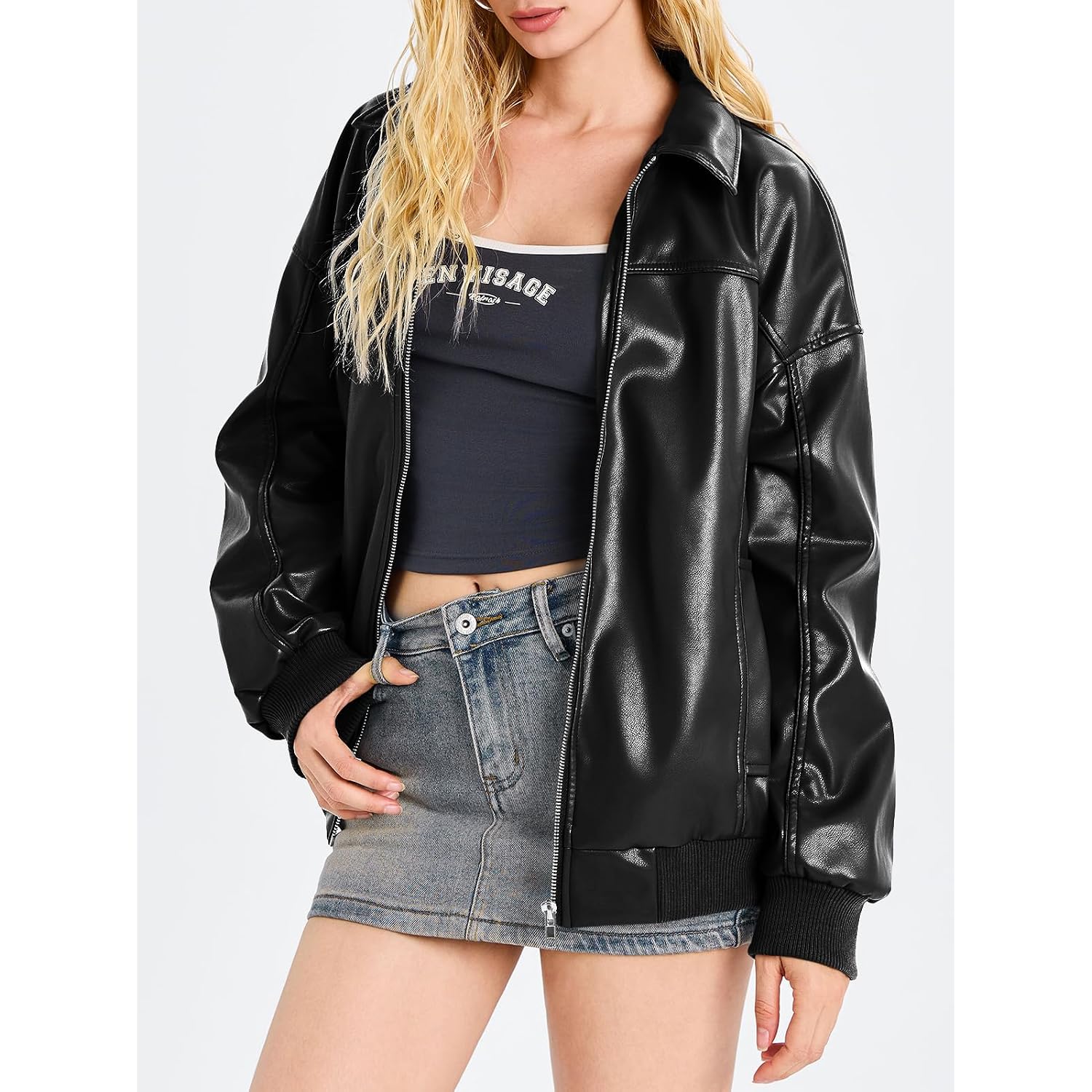 Tankaneo Womens Faux Leather Jackets Oversized Bomber Casual Fall Fashion Zip Up Moto Biker Coats