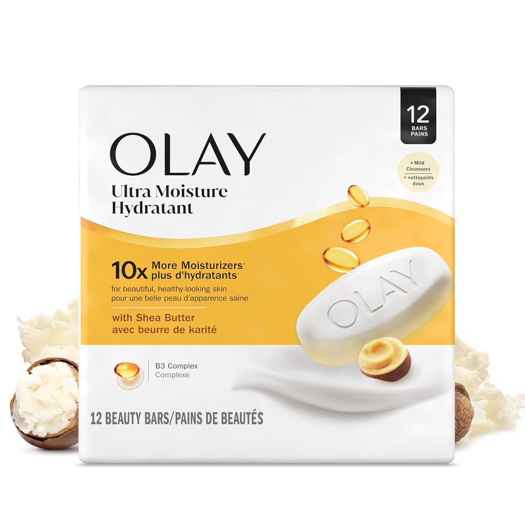 Olay Beauty Bar, Ultra Moisture,10X More Moisturizers, Nourishing Conditioners, Smooth & Gentle On Skin, Vitamin B3 Complex, For All Skin Types, Shea Butter Scent, 3.17 Oz, (Pack Of 12)
