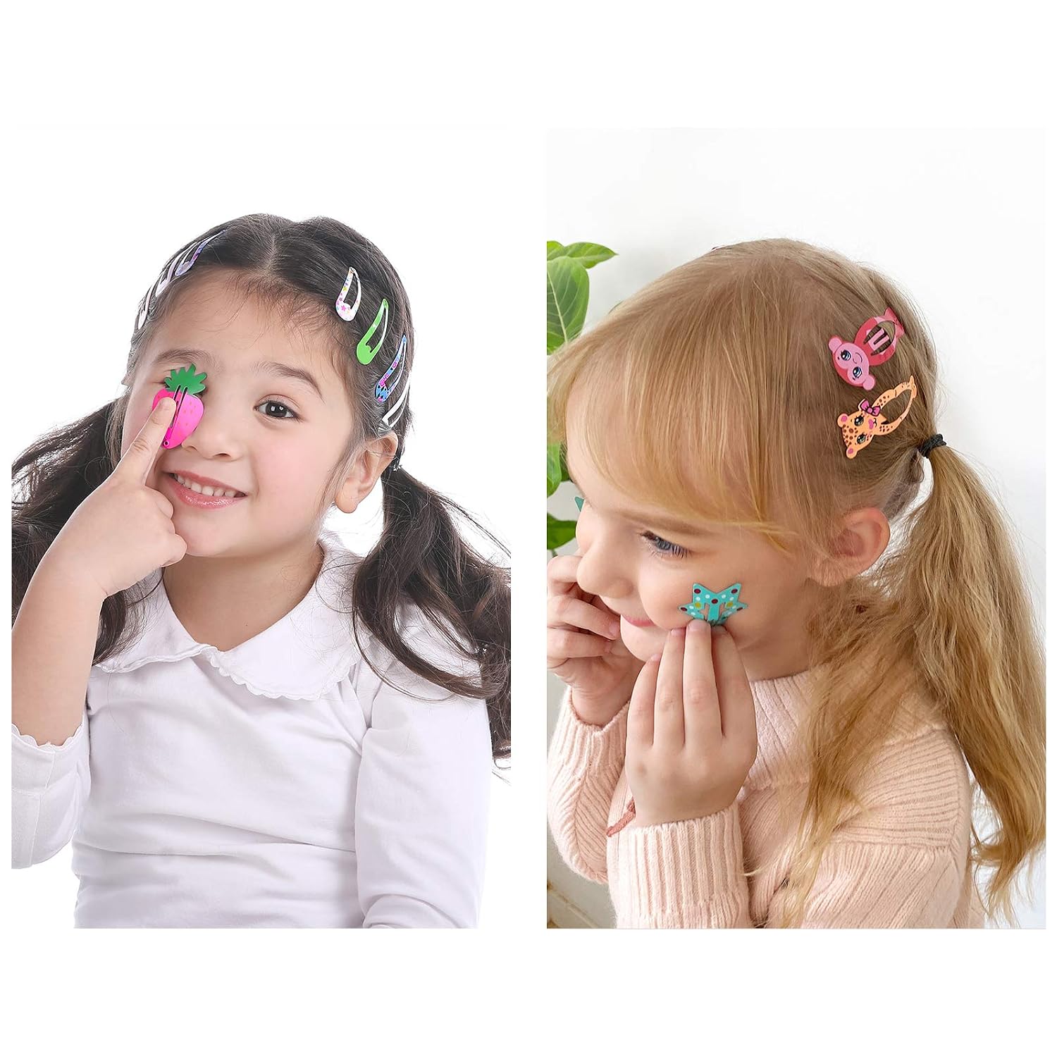 Funtopia Hair Clips For Girls,100 Pcs No Slip Metal Snap, Barrettes For Kids Teens Women, Cute Candy Color Cartoon Design Hair Pins (Animals Fruits Crowns Stars)