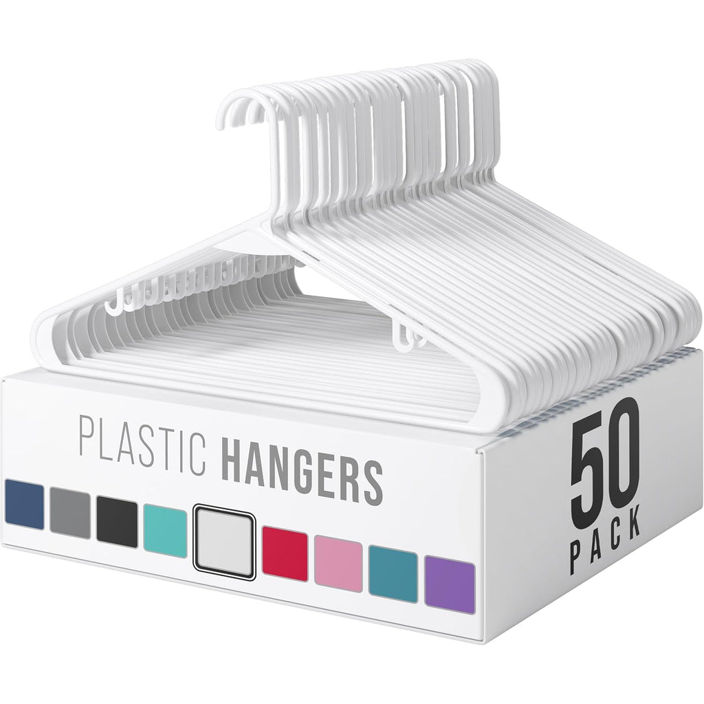 Plastic Hangers 50 Pack White - Clothes Hangers - Makes The Perfect Coat Hanger And General Space Saving Hangers For Closet And New Apartment Essentials - Percheros Ganchos Para Colgar Ropa Hangars