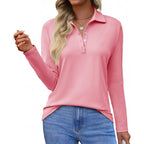 Womens Long Sleeve Polo Shirts Business Work Casual V Neck Collared Tops Button Down Loose Fit Tees Shirts