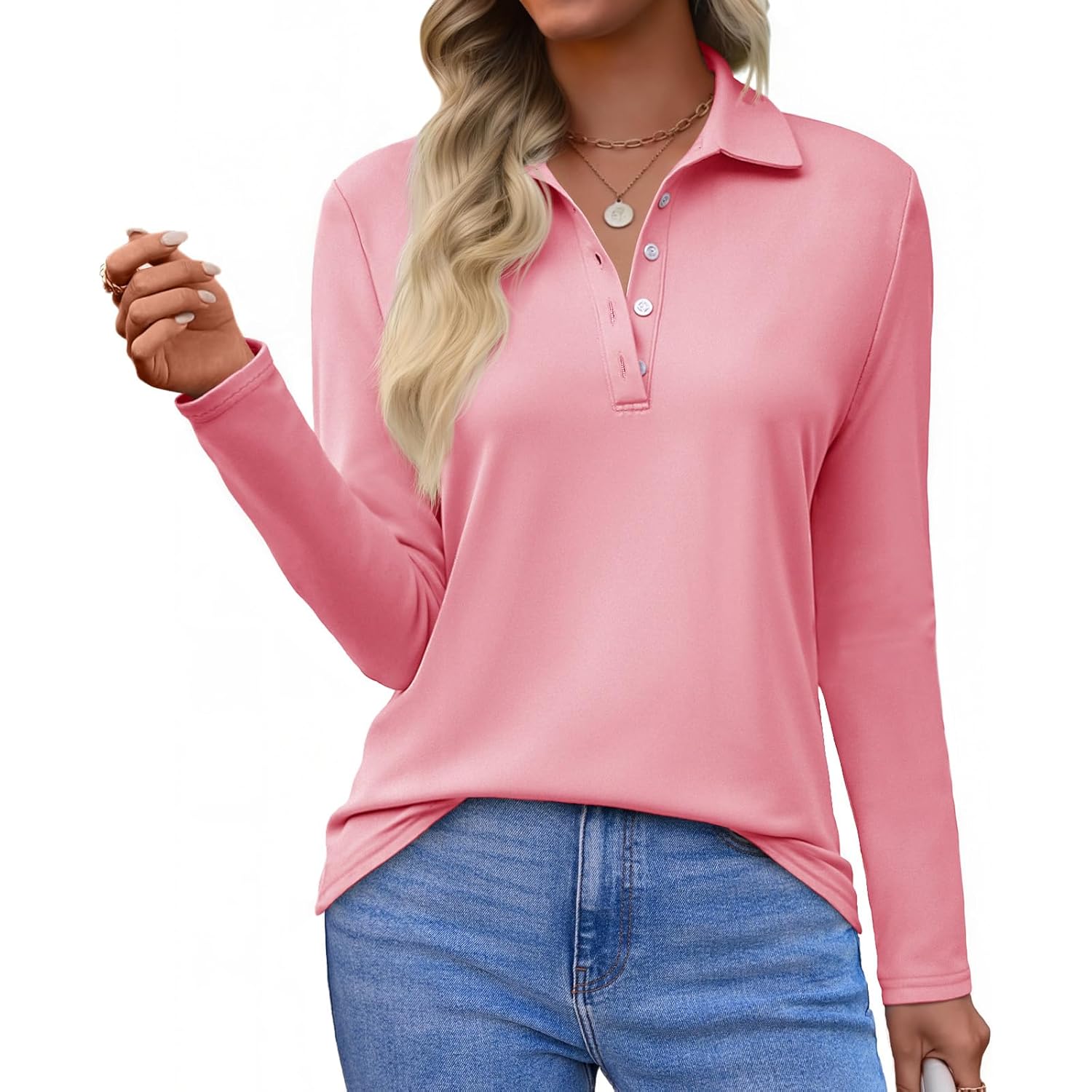 Womens Long Sleeve Polo Shirts Business Work Casual V Neck Collared Tops Button Down Loose Fit Tees Shirts