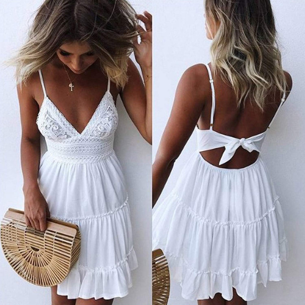 Ecowish Summer Dresses For Women 2026 V-Neck Spaghetti Strap Bowknot Backless Sleeveless Lace Mini Swing Skater Dress