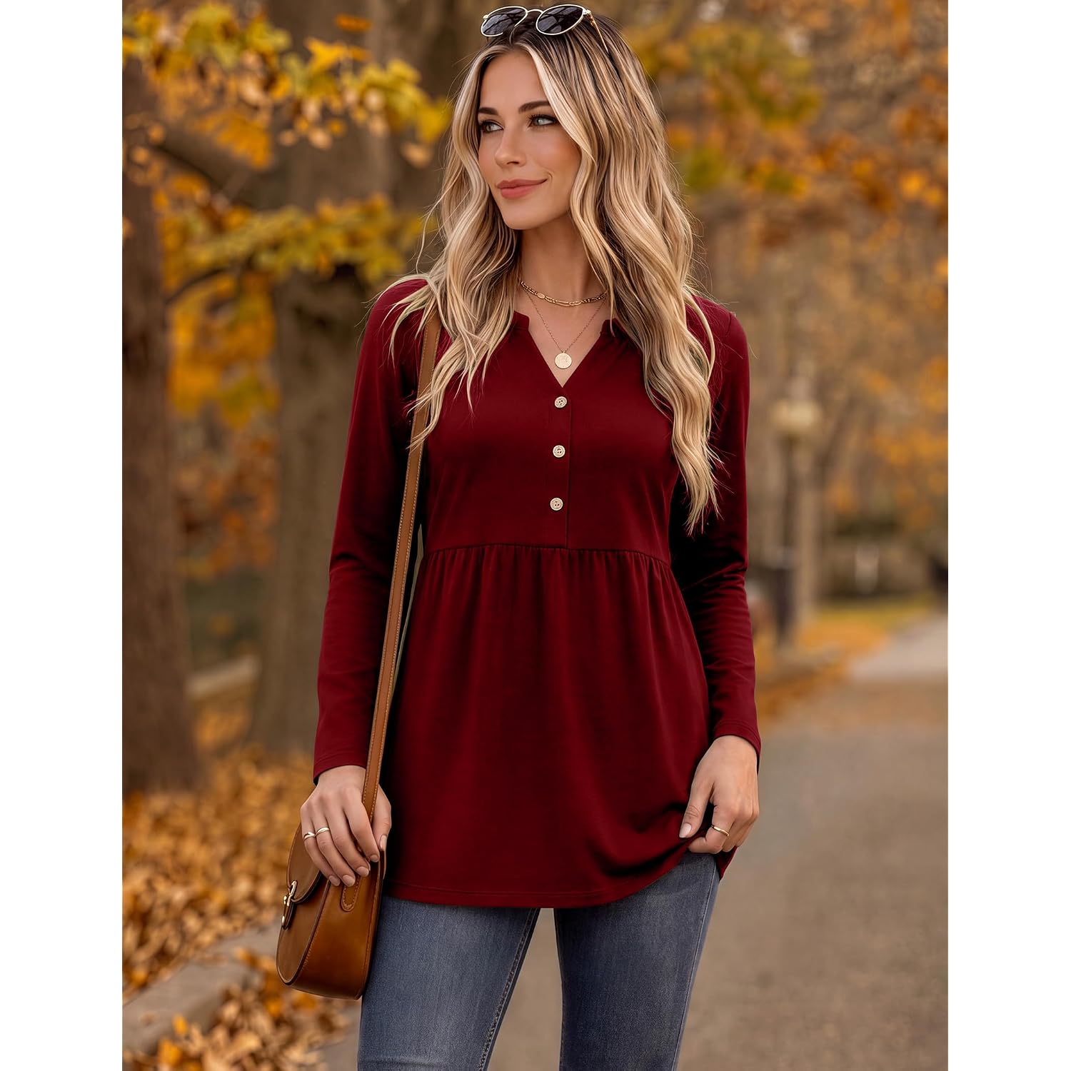 Zeagoo Women Blouses Long Sleeve Shirts Boho Henley V Neck Tops Business Casual Loose Pleated Fashion Clothing
