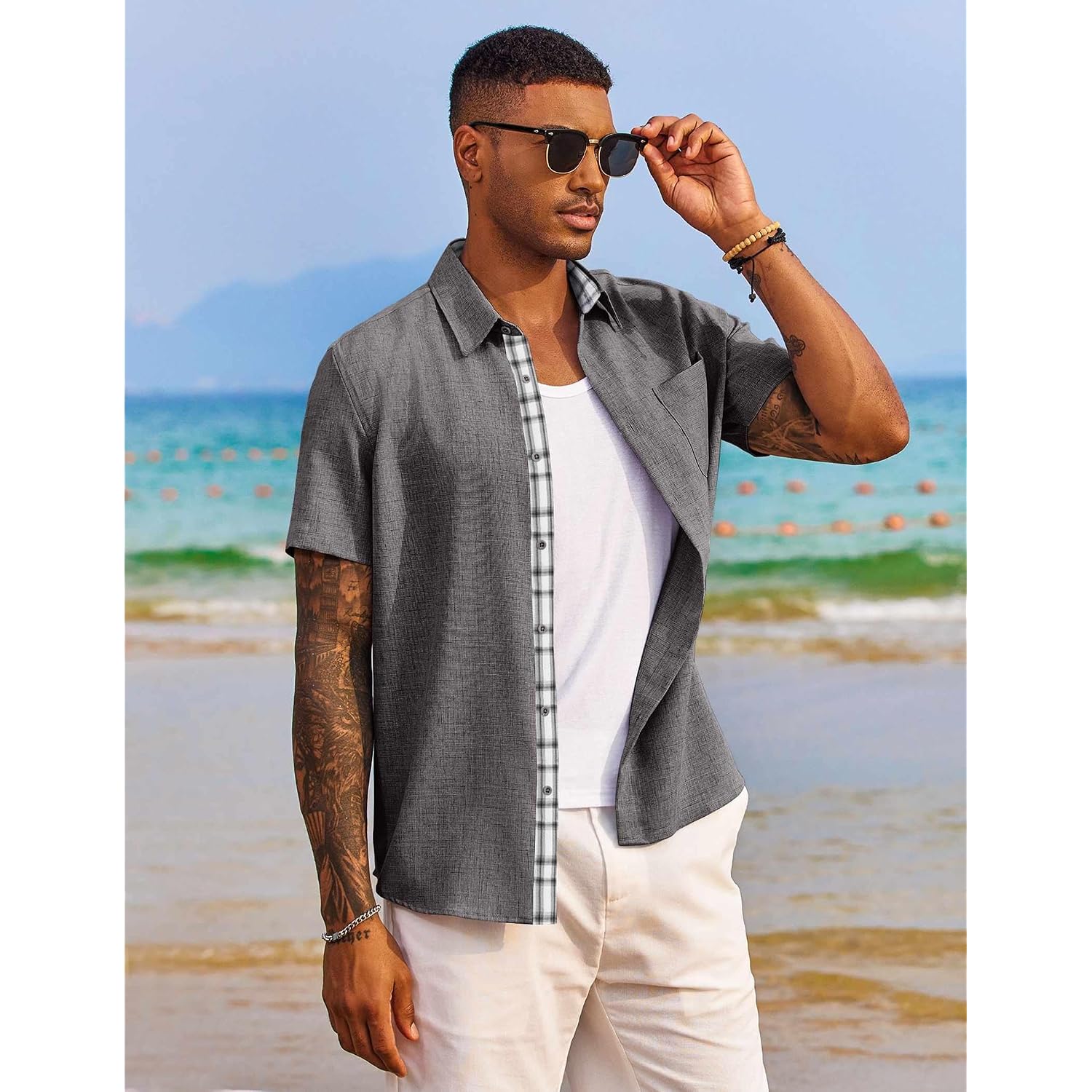Coofandy Men'S Button Down Shirts Short Sleeve Casual Summer Beach Vacation Wedding Shirt With Pocket