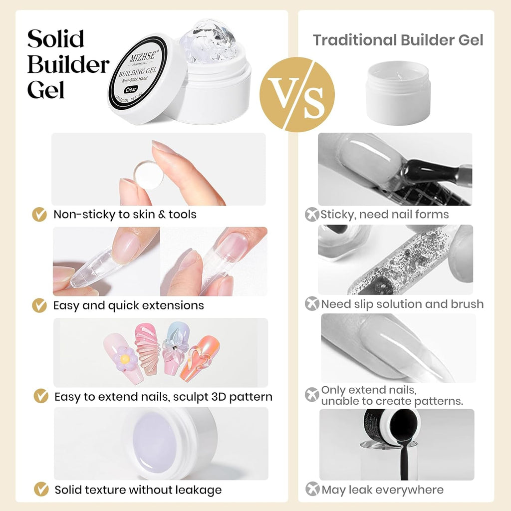 MIZHSE Solid Builder Gel Clear 3D Nail Gel, Non-Stick Hand Sculpting Gels for 3D Nail Art Carving Building Modeling, Nail Extension, Soak Off UV/LED Nail Art Salon Home DIY