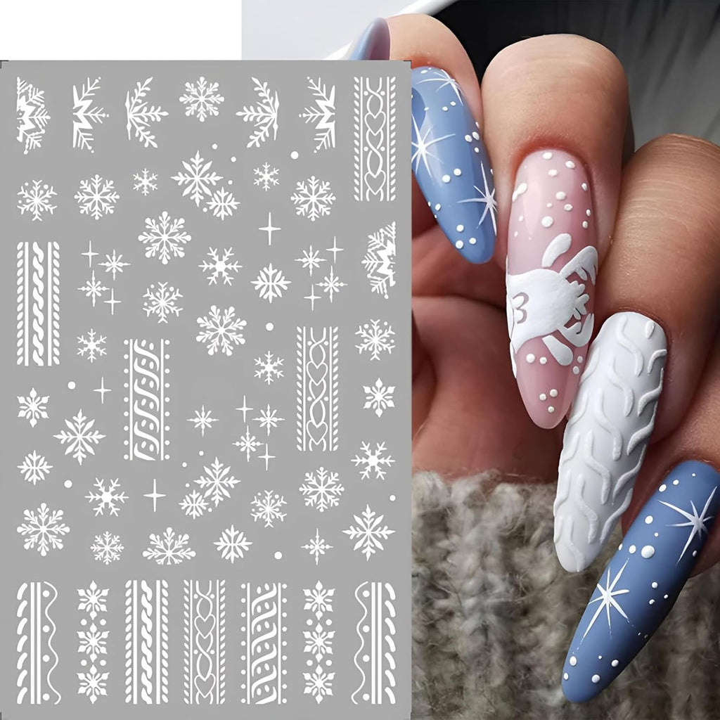 9 Sheets Christmas Snowflake Nail Art Stickers, Winter Romance Nail Decals, White Reindeer 3D Self-Adhesive Nail Sticker, Holiday DIY Manicure Decoration Supplies Accessories for Women Girls