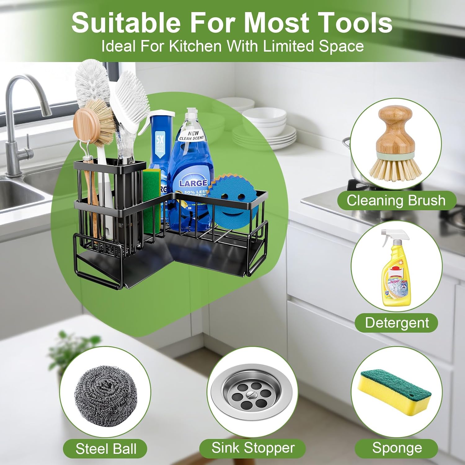 Large Sponge Holder For Kitchen Sink, 90-Degree Sink Caddy Organizer With Dish Brush Holder For Countertop Corner Storage Rack, Metal L-Shaped Kitchen Sink Sponge Soap Organizer Storage Ideas