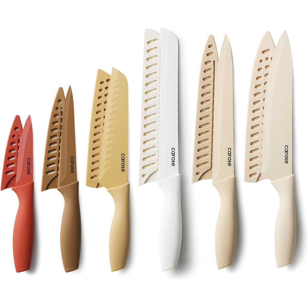 CAROTE Knife Set, 12 Pieces Kitchen Knife Set, 6 Stainless Steel Knives with Blade Guards & Nonstick Ceramic Coating, Rustproof, Color-Coded, Ergonomic Handles