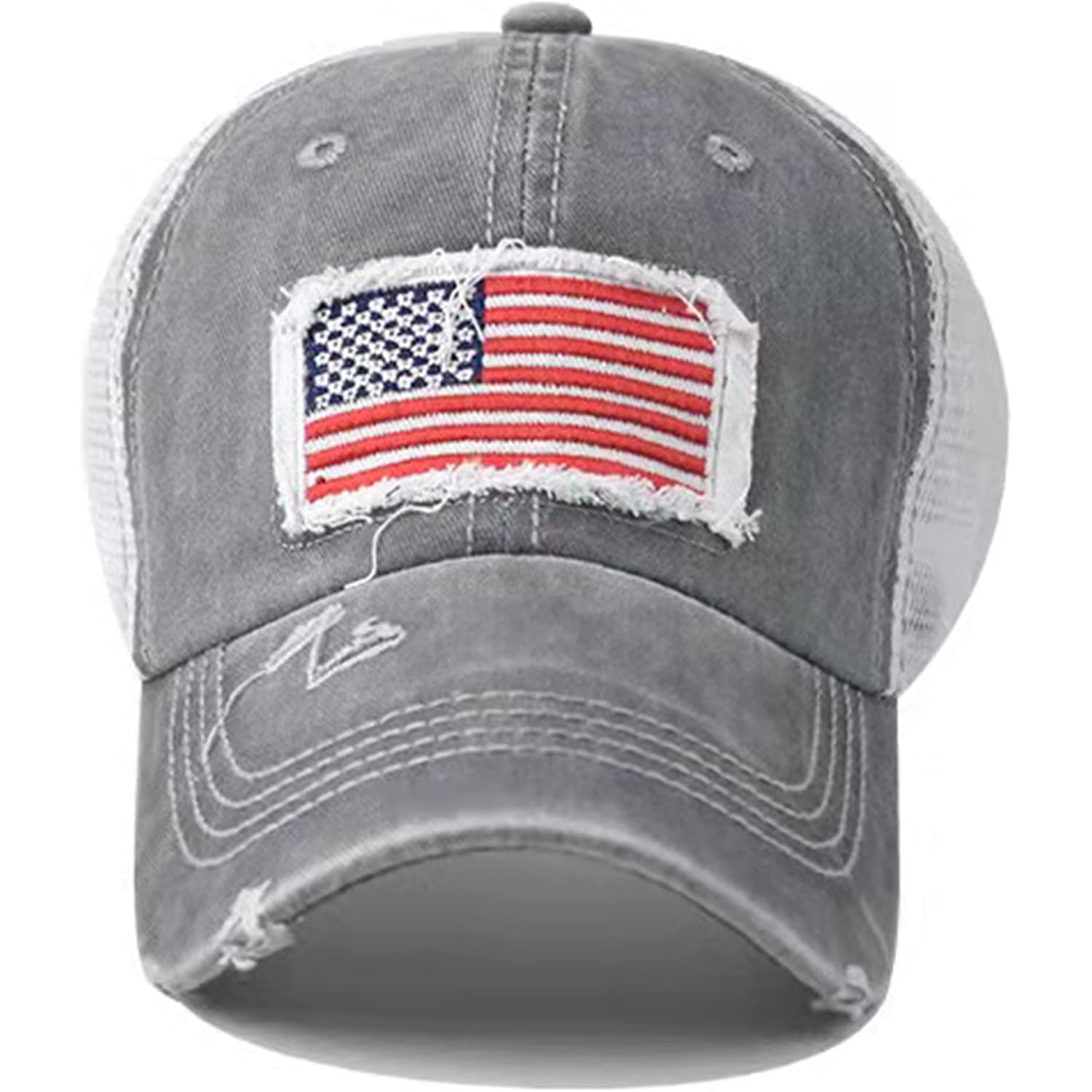 Woman Man Ponytail Baseball Cap - US Flag Breathable Mesh Outdoor Golf Sun Hat for Summer Gray