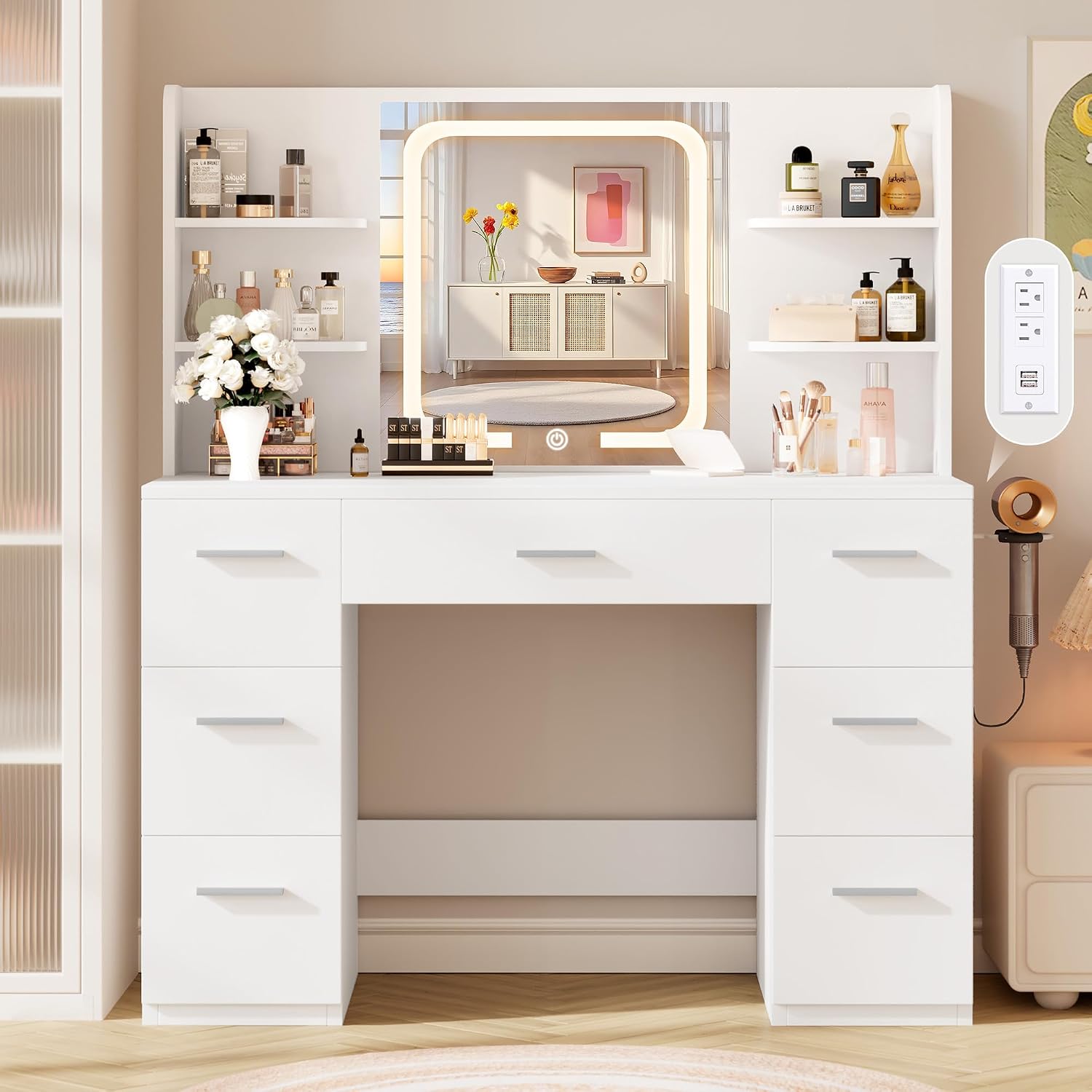 Livelyglow 43" Large White Makeup Vanity Desk With Charging Station | Smart Led Mirror, Hairdryer Holder, 7 Drawers, 4 Shelves
