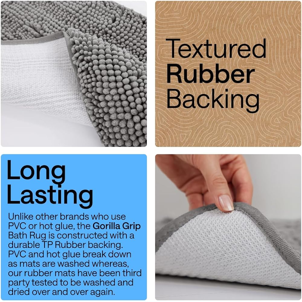 GORILLA GRIP Bath Rug Mat, Thick Soft Absorbent Chenille, Quick Dry Microfiber Mats, Rubber Backing, Machine Washable Shower Floor Rugs, Bathroom Bathmat Home Decor Accessories, 24x17 Grey