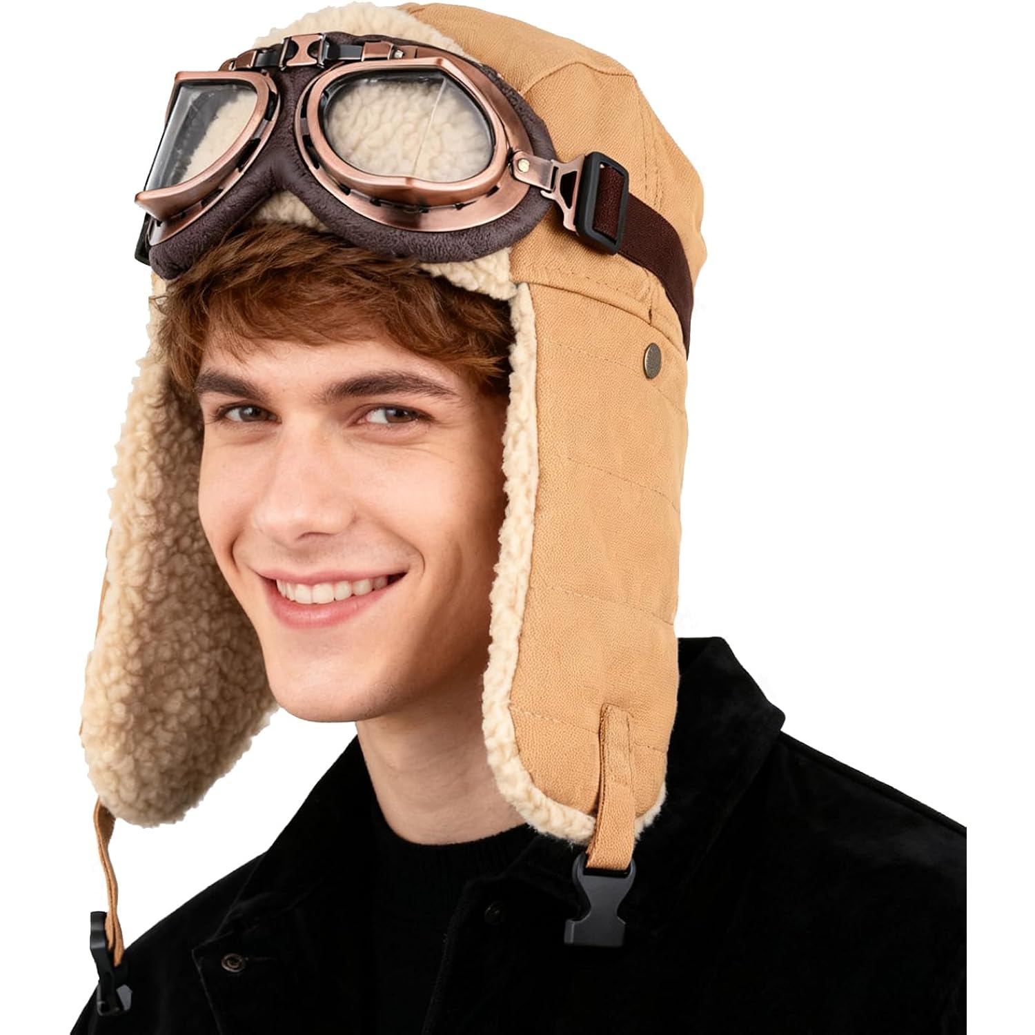 Peicees Aviator Hat with Goggles for Adult- Vintage Pilot Costume Cap Winter Fur Trapper Hat for Men Women Warm