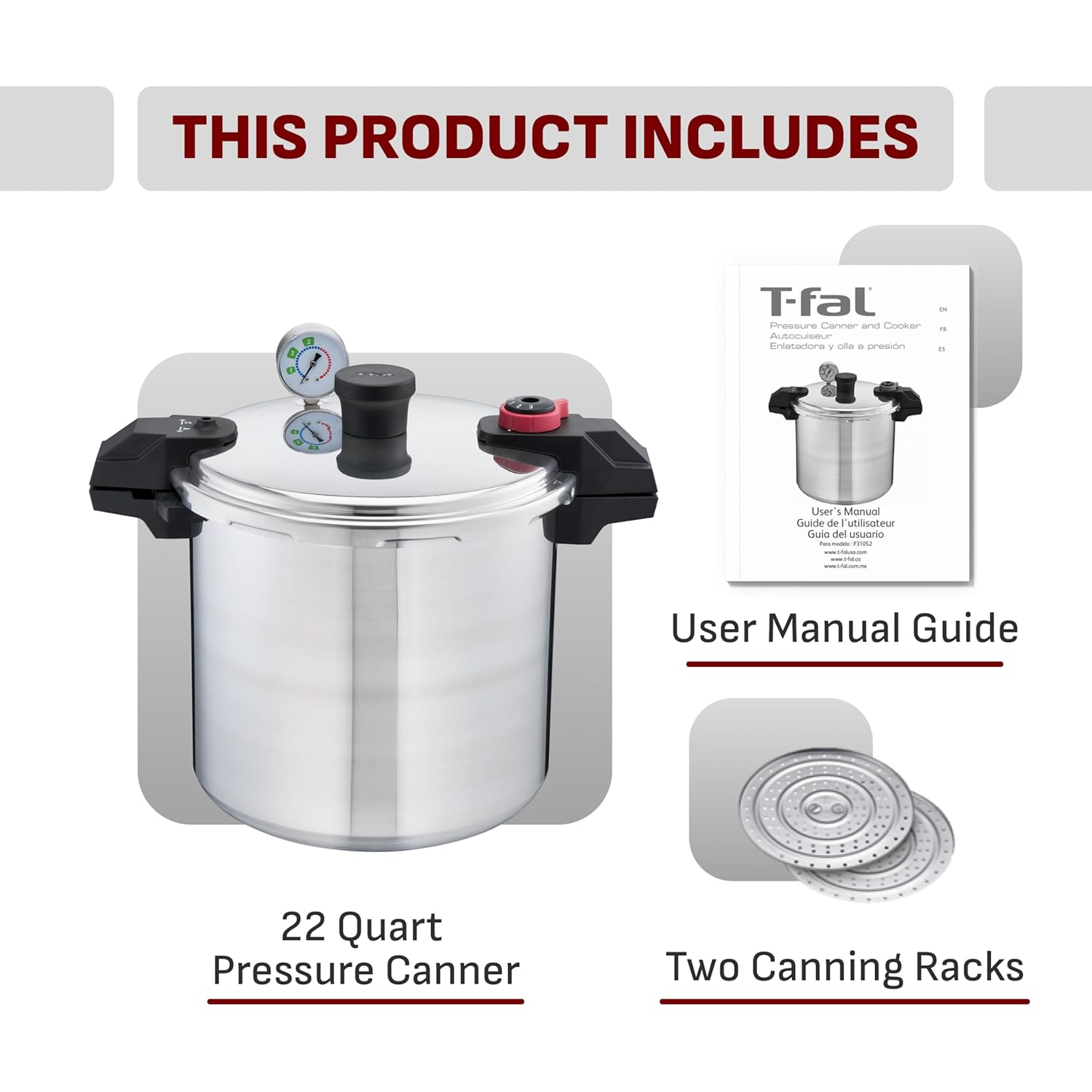 T-fal 22-Quart Aluminum Pressure Canner, 3 PSI Settings, Home Canning, Includes Racks & Canning Guide, Large Capacity, Pressure & Water Bath Canning for Vegetables, Meats, Seafood & Fruits, Silver